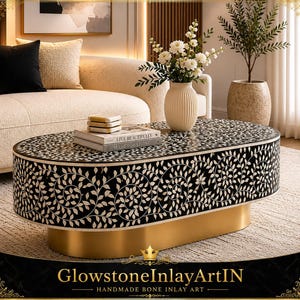 Handmade Black Bone Inlay Oval Coffee Table, Floral Pattern Metal Base Furniture