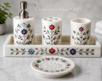 Marble Inlay Bathroom Set, Luxury Stone Bath Accessories, Handmade Soap Dispenser Set, Floral Inlay Decor, Vanity Organizer Set
