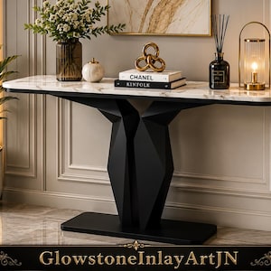 White Marble Console Table | Black Geometric Base Entryway Sofa Furniture