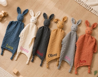 Op maat geborduurd babyknuffeldekentje, gepersonaliseerd knuffeldekentje met naam en konijntje, zacht troostspeelgoed voor baby's, aandenken voor pasgeborenen