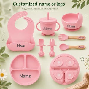 Personalisiertes Baby-Fütterungsset mit Namen, individuelles Silikon-Set zur Beikostvorbereitung, Lätzchen, Teller, Schüssel, Becher, Löffel, Gabel, Geschenk zur Babyparty für Jungen und Mädchen
