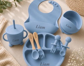 Custom Baby Silicone Feeding Set, Personalized Baby Tableware with Name, Weaning Bib Bowl Plate Cup Spoon Fork Set, Baby Gift for Boy Girl