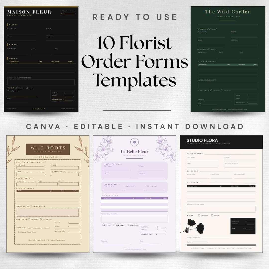 Florist Order Form Template Bundle, 10 Editable Canva Designs (instant ...