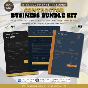 May include: A contractor business bundle kit featuring 32 documents including invoices, estimates, contracts, daily reports, time-sheets, scope of work, business cards, and thank-you cards. The kit is fully editable, print-ready at 300 DPI.