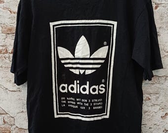 Vintage 90s Adidas Trefoil T-Shirt: Black Single Stitch Big Logo Reverse Print