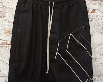 Rick Owens BABEL S/S 19 Embroidered Pods Shorts – Black Drop Crotch Italian Cotton Blend