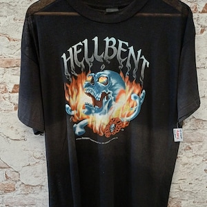Vintage 80s 3D Emblem Hellbent T Shirt XL Single Stitch Easyriders Skull 50/50