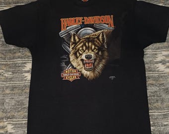 Vintage 1991 Harley Davidson Wolf T-Shirt 3D Emblem Single Stitch USA XL
