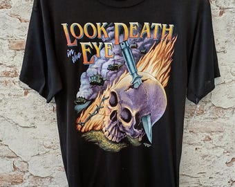 Vintage 1990 3D Emblem T-Shirt "Look Death In The Eye" - Size L Single Stitch 90s Military Skull Tee - Free Worldwide Shipping