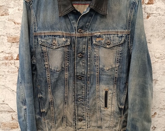 DIESEL Timeless Denim Jacket, Genuine Leather Collar, Distressed Blue Jean Trucker