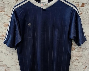 Vintage Adidas Trefoil Jersey, Dark Navy Pinstripe V-Neck Shirt, Made in USA