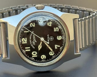 Vintage West End Uhr Co Prima Handaufzug schwarzes Zifferblatt Swiss made 35 mm Gehäuse Bambusband S-68