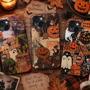 May include: Three smartphone cases featuring collage-style Halloween graphics including pumpkins, ghosts, skeletons, and text such as Trick or Treat, Spooky Season, and Fright Night. The designs incorporate orange, black, and white color palettes.