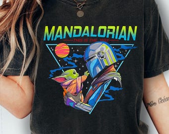 Retro Star Wars The Mandalorian And Grogu Shirt, Grogu Bounty Hunter Shirt, 90s Style Star Wars Shirt, Baby Yoda Tee, Mandalorian Shirt