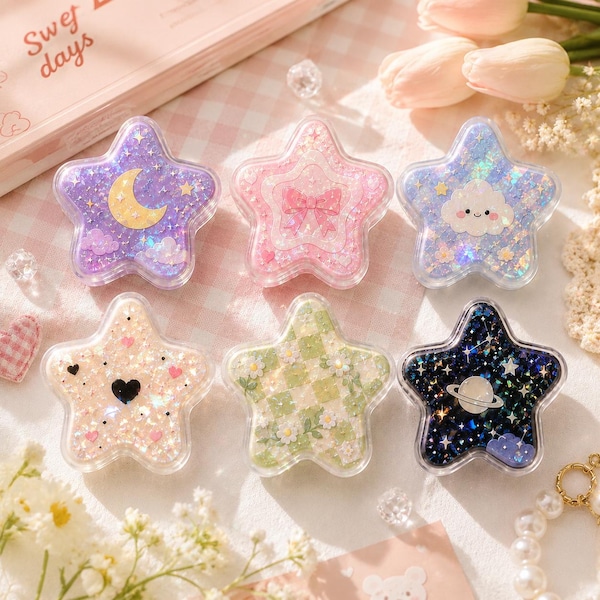 Retro Kawaii Star Hologram Phone Grip, Funny Summer Pastel Ocean Pop Socket, Aesthetic Cottagecore Phone Stand Holder, Fun Gift for Star