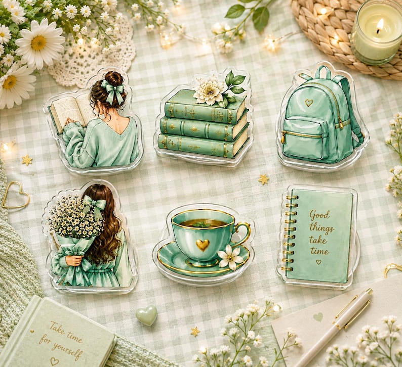 May include: A set of six acrylic decorative pieces featuring illustrations in shades of sage green. The designs include a person reading a book, a stack of three books, a backpack, a person holding flowers, a teacup, and a notebook with the text Good things take time.