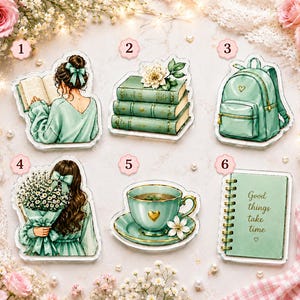 May include: A collection of six mint green themed stickers featuring a person reading a book, a stack of three books with a flower, a backpack, a person holding a bouquet of flowers, a teacup with a heart, and a spiral notebook with the text Good things take time.