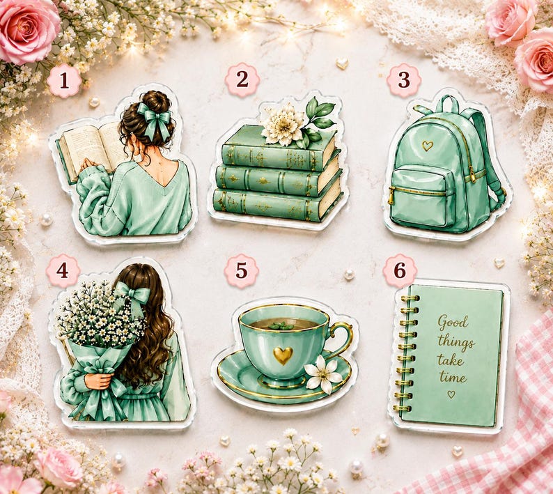 May include: A collection of six mint green themed stickers featuring a person reading a book, a stack of three books with a flower, a backpack, a person holding a bouquet of flowers, a teacup with a heart, and a spiral notebook with the text Good things take time.