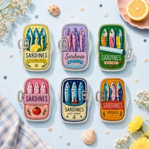Jolie boîte de sardines avec poignée magnétique en acrylique pour téléphone, support pour téléphone en conserve de poisson rétro, accessoire d'été preppy art culinaire vintage