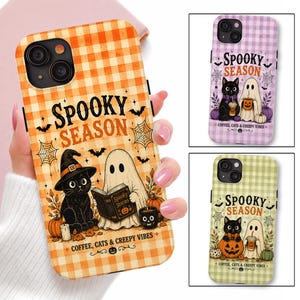 Spooky Season Halloween Phone Case, Ghost Cat Bats Checkered Design for iPhone 17 16 15 14 13 pro max, plus, Spooky Phone Cover for Cat