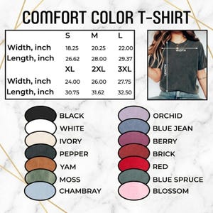 K&ouml;nnte beinhalten: Eine Gr&ouml;&szlig;entabelle f&uuml;r Comfort Color T-Shirts, Gr&ouml;&szlig;en S bis 3XL, mit Breiten- und L&auml;ngenma&szlig;en in Zoll. Farboptionen sind Schwarz, Wei&szlig;, Elfenbein, Pfeffer, Yam, Moos, Chambray, Orchidee, Jeansblau, Beere, Ziegel, Rot, Blaufichte und Bl&uuml;te.