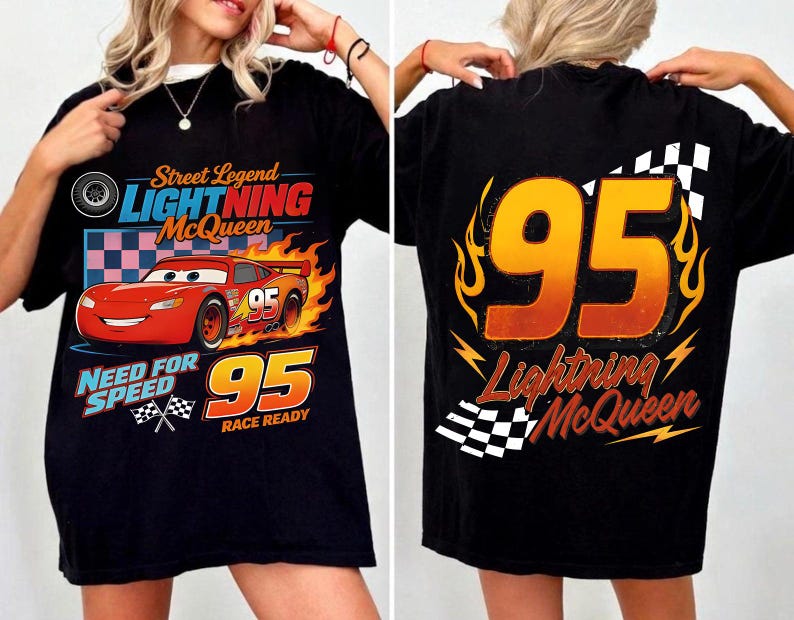 May include: Black t-shirt featuring Lightning McQueen from the movie Cars. The front graphic includes the text "Street Legend Lightning McQueen", a red race car, and the number 95. The back displays the number 95 and "Lightning McQueen".
