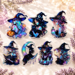 May include: A set of seven holographic stickers featuring illustrations of witches in pointed hats. The designs include a witch with a jack-o'-lantern, a witch holding a black cat, a witch with a potion bottle, a witch reading a book, a witch on a crescent moon, a witch with crystals, and a witch holding a glowing moon.