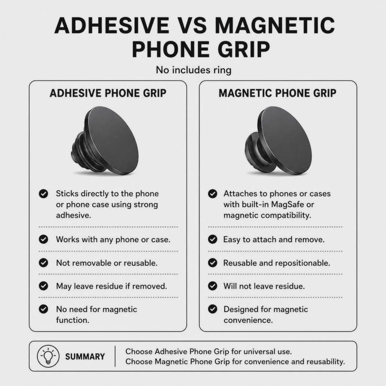 May include: A comparison chart titled ADHESIVE VS MAGNETIC PHONE GRIP. It displays two black circular phone grips with lists of features. The adhesive version sticks directly to devices, while the magnetic version attaches to MagSafe compatible surfaces.