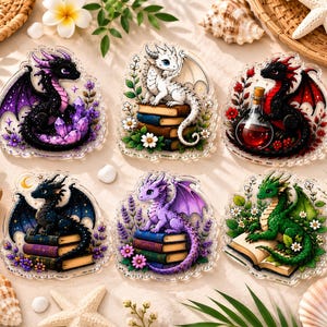 Puede incluir: Seis dijes de acrílico transparente con ilustraciones de dragones. Un dragón negro con cristales morados, un dragón blanco sobre libros, un dragón negro con una poción, un dragón negro sobre libros con estrellas, un dragón morado y uno verde.
