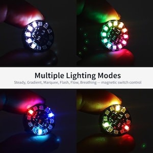 Puede incluir: Un peque&ntilde;o m&oacute;dulo de luz LED circular con m&uacute;ltiples diodos montados en superficie que emiten varios colores, incluyendo blanco, rojo, verde y azul. El texto Multiple Lighting Modes Steady, Gradient, Marquee, Flash, Flow, Breathing &mdash; magnetic switch control es visible.
