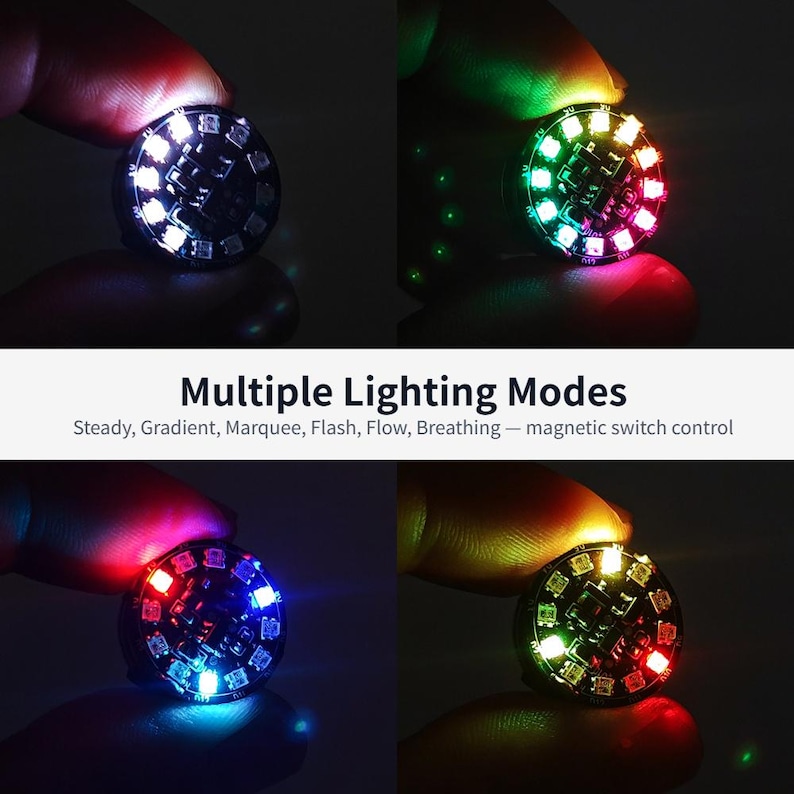 Puede incluir: Un peque&ntilde;o m&oacute;dulo de luz LED circular con m&uacute;ltiples diodos montados en superficie que emiten varios colores, incluyendo blanco, rojo, verde y azul. El texto Multiple Lighting Modes Steady, Gradient, Marquee, Flash, Flow, Breathing &mdash; magnetic switch control es visible.