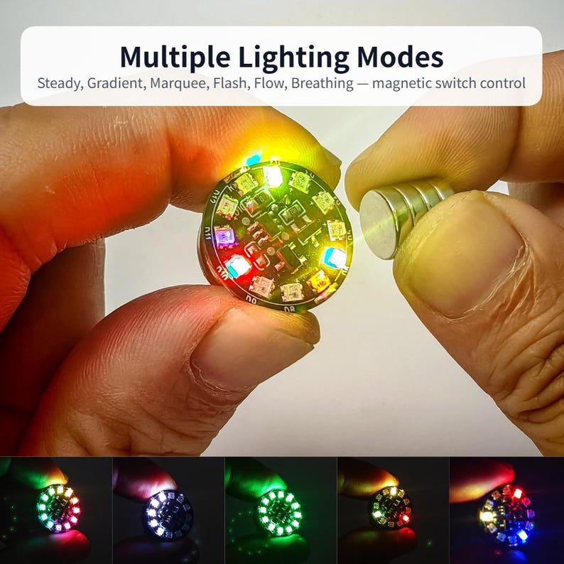 Puede incluir: Un circuito impreso LED circular con luces multicolores, que incluye el texto Multiple Lighting Modes: Steady, Gradient, Marquee, Flash, Flow, Breathing &mdash; magnetic switch control. El dispositivo se activa mediante un peque&ntilde;o im&aacute;n.