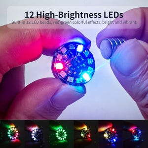 May include: A circular circuit board featuring 12 high-brightness LEDs that emit vibrant red, green, and blue light effects. The text 12 High-Brightness LEDs and Built-in 12 LED beads, red-green colourful effects, bright and vibrant is visible.