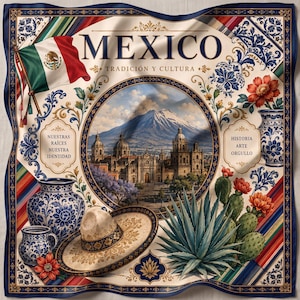May include: A square scarf featuring a central circular illustration of a cathedral and mountain, surrounded by the text MEXICO TRADICIÓN Y CULTURA, NUESTRAS RAÍCES NUESTRA IDENTIDAD, and HISTORIA ARTE ORGULLO, with a Mexican flag, pottery, and cactus.
