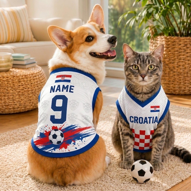 May include: A Corgi and a tabby cat wearing white, blue, and red sports jerseys with the Croatian flag. The dog's jersey features the text NAME and the number 9, while the cat's jersey displays the text CROATIA. A soccer ball sits near the cat.
