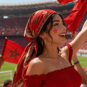 May include: A red headscarf featuring a green star pattern and intricate gold-toned borders, worn tied around the head. The scarf is paired with a red off-the-shoulder top, a gold-toned necklace, and large gold hoop earrings.