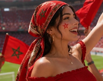 Morocco Flag Bandana, Premium Satin Neck Scarf for Women, Red and Green Moroccan Pattern Headwrap, Elegant Hijab Scarf, 27 or 35 Inch