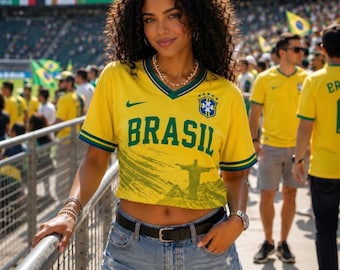 Personalized Brazil Crop Top Soccer Jersey, Custom Name and Number Brazil Football Shirt, Brazil Fan Gift for Her, Stylish Soccer Tee