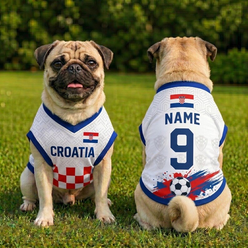 May include: Two pugs wearing white sleeveless jerseys with blue trim. The front features the word CROATIA and the Croatian flag. The back displays the word NAME, the number 9, the Croatian flag, and a graphic of a soccer ball with red and blue accents.