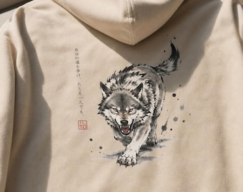 Sudadera con capucha de estilo japonés Lone Wolf / Ilustración de lobo Ukiyo-e / Estudio ILTO