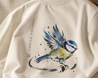 Camiseta de herrerillo común / Arte en tinta de estilo japonés, camiseta de algodón Airlume / Studio ILTO