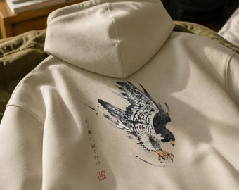 Sudadera con capucha de arte asiático con halcón peregrino / Sudadera con capucha de halcón estilo tinta japonesa / Studio ILTO