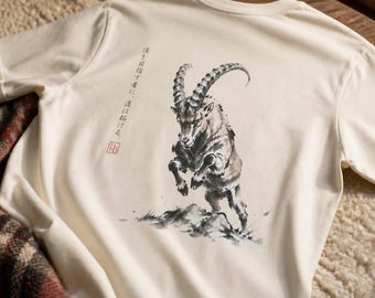 Camiseta con estampado de cabra montesa íbice / Arte japonés con tinta, camiseta de algodón Airlume / Studio ILTO