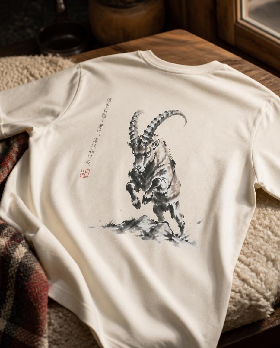 Ibex Mountain Goat T-Shirt japanese style Ink Art, Airlume Cotton Tee Studio ILTO