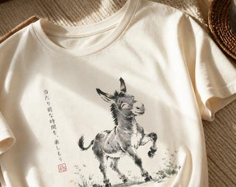 Camiseta de algodón con dibujo de burro / Camiseta artística con animales dibujados a mano / Studio ILTO