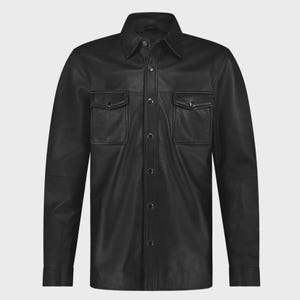 May include: A black leather shirt with a button-down front, two chest pockets, and a classic collar. The long-sleeved shirt has a tailored fit and is made of a smooth, shiny material.