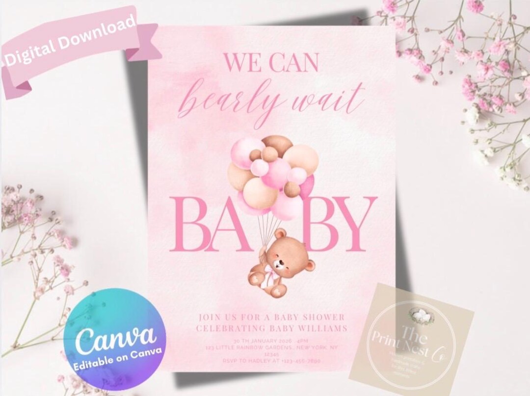 Editable Pink Bear Themed Baby Shower Digital Invitation- Instant ...