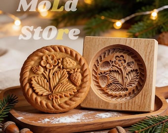 Wooden Speculaas Cookie Mold | Embossed Strawberry Flower Biscuit Press, Rustic Baking Tool