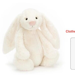 May include: A cream-colored plush rabbit with long floppy ears, dark eyes, and a pink nose. A measurement indicator shows a height of 11 inches. The text 'Clothes Only' is displayed next to a rectangular outline representing a clothing item.