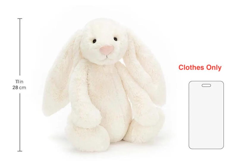 May include: A cream-colored plush rabbit with long floppy ears, dark eyes, and a pink nose. A measurement indicator shows a height of 11 inches. The text 'Clothes Only' is displayed next to a rectangular outline representing a clothing item.